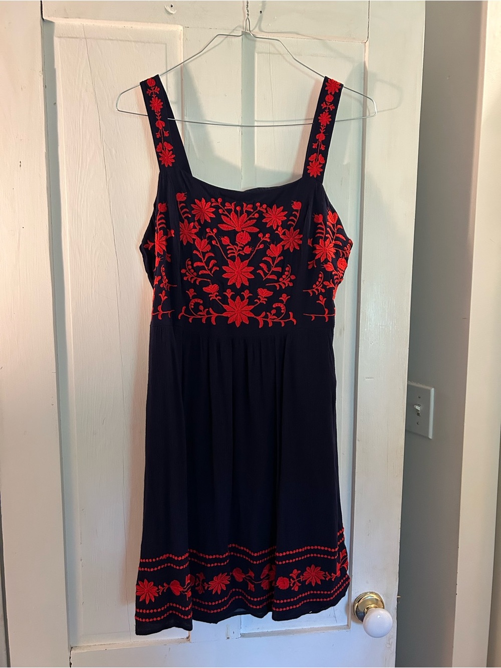 Market and Spruce Embroidered Floral Sundress in Navy with Red Accents